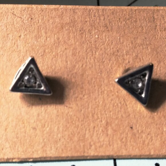 Triangle Silver Tone Stud Earrings Pierced Clear Crystal Rhinestone Accents - Picture 4 of 5
